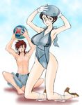  1girl ball beachball brown_hair glasses gloves gundam gundam_00 hat highres kati_mannequin miyayoshi_(bricola) mole mole_under_mouth one-piece_swimsuit patrick_colasour purple_eyes short_hair swimsuit 