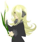  artist_request blonde_hair calla_lily flower hair_over_one_eye long_hair pokemon pokemon_(game) pokemon_dppt shirona_(pokemon) simple_background solo white_background 