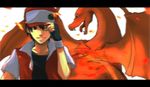  :| baseball_cap black_eyes black_hair charizard closed_mouth dragon fire gen_1_pokemon hand_on_headwear hat letterboxed male_focus pokemon pokemon_(creature) pokemon_(game) pokemon_trainer red_(pokemon) taoru_(t_kiji) 