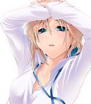  artoria_pendragon_(all) blonde_hair blouse fate/stay_night fate_(series) green_eyes nilitsu open_clothes open_shirt saber shirt solo 