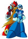  artist_request back-to-back blonde_hair clenched_hands closed_mouth full_body green_eyes helmet long_hair multiple_boys official_art ponytail rockman rockman_x sheath sheathed simple_background smile standing sword very_long_hair weapon weapon_on_back white_background x_(rockman) zero_(rockman) 