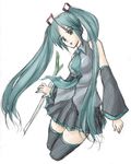  aqua_hair hatsune_miku long_hair nekoshiki sketch solo spring_onion thighhighs twintails vocaloid zettai_ryouiki 