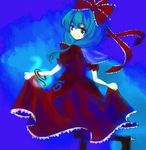  aqua_eyes aqua_hair arm_ribbon bad_id bad_pixiv_id boots bow dress front_ponytail hair_ribbon kagiyama_hina long_hair looking_back myama red_dress ribbon skirt_hold smile solo touhou 