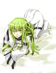  all_fours bangs c.c. code_geass green_hair logicon long_hair lowres solo yellow_eyes 