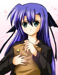  :o black_ribbon blush brown_dress collarbone dress ginga_nakajima green_eyes hair_ribbon jewelry long_hair looking_at_viewer lyrical_nanoha mahou_shoujo_lyrical_nanoha_strikers necklace parted_lips pendant purple_hair ribbon solo takase_shin'ya very_long_hair 