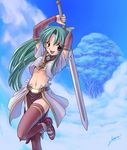  green_hair long_hair md5_mismatch midriff navel original purple_eyes solo sword thighhighs tomomimi_shimon weapon 