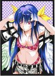  adjusting_hair armpits asymmetrical_wings bad_id bad_pixiv_id belt blue_hair bow bra breasts chain cleavage cross cross_barby cross_patty dizzy gothic guilty_gear hair_bow hair_ribbon heart heart_panties heart_print highleg large_breasts latin_cross lingerie long_hair nail_polish panties pink_eyes pink_nails print_bra print_panties ribbon shiina_you_(tomoshibi) shorts solo underwear wings 