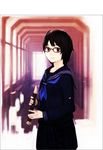  black_eyes black_hair copyright_request glasses instrument recorder school_uniform shiohara_shin'ichi solo 