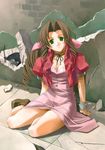  aerith_gainsborough akaten bow brown_hair cropped_jacket dress final_fantasy final_fantasy_vii green_eyes jacket long_hair pink_bow pink_dress ribbon smile solo 