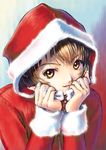  1girl :d bangs brown_hair bust christmas coat fingernails fur_trim hands highres hood kobayashi_yuji long_fingernails looking_at_viewer nagko open_mouth original rough santa_costume santa_suit signature smile solo upper_body yellow_eyes zipper 