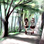  brown_hair camera forest geta hat inubashiri_momiji lowres multiple_girls nature oekaki open_mouth path road shameimaru_aya short_hair tengu-geta tokin_hat touhou tsubasa_(abchipika) walking white_hair 