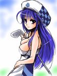  arin atoshi bad_id bad_pixiv_id beret blue_hair checkered golf golf_club hat long_hair pangya purple_eyes solo 