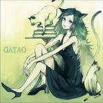  animal_ears blue_eyes book cat cat_ears copyright_request dress high_heels long_hair ron shoes solo tail 