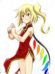  bare_shoulders blonde_hair china_dress chinese_clothes dress flandre_scarlet kagehito red_eyes smile solo touhou wings 