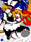  :o apron bad_id bad_pixiv_id blonde_hair breasts broom broom_riding brown_eyes closed_mouth crystal demon_wings flandre_scarlet hat hug itsuki_kuro kirisame_marisa long_hair looking_at_viewer looking_back multiple_girls puffy_short_sleeves puffy_sleeves short_sleeves sitting small_breasts smile touhou very_long_hair waist_apron white_skin wings witch_hat 