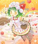  bad_id bad_pixiv_id cake cake_dress chocolate copyright_request food food_as_clothes food_themed_clothes fruit green_hair happy heart inase orange_eyes pantyhose pastry short_hair solo strawberry striped striped_legwear sweets 