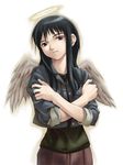  angel_wings black_hair brown_eyes haibane_renmei halo jacket jumpei long_hair reki sleeves_rolled_up solo wings 