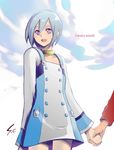  blue_hair chiba_sadoru choker dress eureka eureka_seven eureka_seven_(series) holding_hands out_of_frame purple_eyes short_hair smile solo_focus 