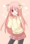  animal_ears bad_id bad_pixiv_id heart itsuka long_hair one_eye_closed original pantyhose pink_eyes pink_hair skirt solo sweater 