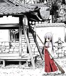  bamboo_broom bangs blunt_bangs broom cherry_blossoms hakama japanese_clothes kahama_youko long_hair miko monochrome original purple_hair red_hakama shrine socks solo spot_color stone_lantern tabi 