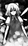  bad_id bad_pixiv_id cirno greyscale lefthand monochrome ribbon smile solo touhou wings 