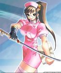  artist_request brown_eyes brown_hair copyright_request glasses gloves nurse ponytail single_glove solo sword thighhighs weapon 