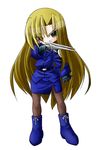  bangs belt boots brown_legwear dagger due_(nanoha) full_body holding holding_weapon knee_boots long_hair long_sleeves looking_at_viewer lyrical_nanoha mahou_shoujo_lyrical_nanoha_strikers numbers_(nanoha) pantyhose parted_bangs simple_background solo standing uka uniform very_long_hair weapon white_background yuuka_(o.t.kingdom) 