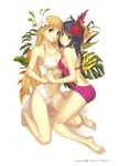  absurdres ar_tonelico ar_tonelico_ii ass asymmetrical_docking bird_of_paradise blonde_hair blue_hair breast_press breasts casual_one-piece_swimsuit chroche_latel_pastalie cleavage feet flower full_body hair_flower hair_ornament halterneck hibiscus highres holding_hands hug interlocked_fingers kneeling large_breasts leg_between_thighs legs long_hair looking_back luca_truelywaath moire multiple_girls nagi_ryou navel official_art one-piece_swimsuit pink_swimsuit purple_eyes simple_background smile swimsuit white_background yellow_eyes 