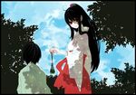  1girl ahoge bad_id bad_pixiv_id black_hair cloud copyright_request day hair_ornament hakama japanese_clothes long_hair miko palmeros red_eyes red_hakama sky tree 