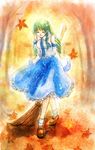  autumn bad_id bad_pixiv_id broom closed_eyes frog green_hair hair_ornament hairclip kannagara_kanagi kochiya_sanae leaf solo touhou traditional_media 