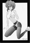  1girl 90s artist_request bob_cut crotch_seam dated greyscale gunsmith_cats monochrome panties panties_under_pantyhose pantyhose pantyshot rally_vincent short_hair sidelocks solo underwear 