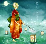  afloat_lantern barefoot blonde_hair copyright_request festival fox_mask japanese_clothes kimono lantern mask moon night paper_lantern red_eyes ripples ron short_hair solo standing standing_on_liquid twig water 