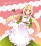 apron blonde_hair chocolate drill_hair koto_(colorcube) long_hair melona_(koto) open_mouth original red_eyes smile solo twin_drills twintails valentine whisk 