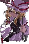  bad_id bad_pixiv_id blush brown_eyes dress frills hat hat_ribbon layered_dress long_sleeves looking_at_viewer mob_cap red_ribbon ribbon sidelocks simple_background solo tabard touhou tsuru_(clainman) umbrella white_background white_dress yakumo_yukari 