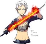  breasts cleavage crop_top cropped_jacket fire flaming_sword gloves green_eyes kyo_(kuroichigo) large_breasts magic midriff navel original short_hair sketch solo sword upper_body weapon white_hair 