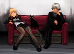  1girl aqua_eyes blonde_hair cat commentary copyright_request couch crossed_legs formal long_hair pantyhose reclining shiohara_shin'ichi sitting smile suit 