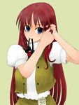  adjusting_hair blue_eyes braid hairband hairdressing hong_meiling itsukage long_hair mouth_hold red_hair solo touhou 