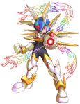  android ankle_wings arm_cannon armor clenched_hand copy_x digital_dissolve forehead_jewel helmet male_focus nakayama_tooru official_art red_eyes rockman rockman_zero weapon winged_helmet wings 