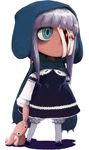  anorak aqua_eyes bandage_over_one_eye bandages blood bloomers crazy_eyes dress face gothic_lolita hood lolita_fashion long_hair oomori_harusame original ribbon-trimmed_bloomers solo stuffed_animal stuffed_bunny stuffed_toy underwear white_bloomers white_hair 