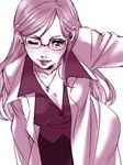  bad_id bad_pixiv_id bent_over breasts cleavage copyright_request glasses jewelry labcoat large_breasts lips lipstick long_hair makeup monochrome necklace ni-na one_eye_closed pencil_skirt purple skirt solo 