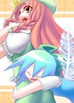  blush bow braid cirno hong_meiling hug hug_from_behind kuresento multiple_girls quality smile surprised touhou twin_braids wings 