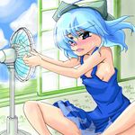  blue_eyes blue_hair bow cirno dress electric_fan fanning_face fanning_self hot kurinton lowres oekaki sitting sliding_doors solo sundress touhou 