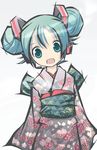 blue_eyes blue_hair double_bun haiiro hatsune_miku headset japanese_clothes jpeg_artifacts kimono solo vocaloid younger yukata 