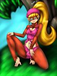  blonde_hair blush breasts bulge cleavage clothed clothing cum cum_on_breasts cum_on_self dickgirl dixie_kong donkey_kong_(series) donkey_kong_country ear_piercing erection green_eyes hair hat intersex nintendo penis pherociouseso piercing ponytail prehensile_feet shorts solo video_games 