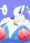  ... anthro anthrofied big_breasts blush breasts digital_media_(artwork) eyes_closed female hi_res horn huge_breasts hyper japanese_text legendary_pok&eacute;mon lugia nintendo nipples nude open_mouth pok&eacute;mon pok&eacute;mon_(species) pok&eacute;morph simple_background smile solo sweat text tousoni3 video_games wings 