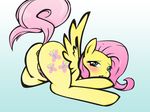  anus blush butt colourpelt cutie_mark cyan_eyes equine female feral fluttershy fluttershy_(mlp) friendship_is_magic fur gradient_background hair long_hair looking_back mammal my_little_pony open_mouth pegasus pink_hair presenting presenting_hindquarters pussy seductive solo starykrow wings yellow_fur 