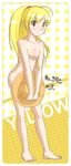  1girl 2012 ahoge artist_request bare_shoulders barefoot blonde_hair blush blush_stickers breasts brown_eyes character_name cleavage collarbone covering darkrobin dated feet female full_body hat korean long_hair looking_at_viewer nipples nude nude_cover pokemon pokemon_special polka_dot polka_dot_background ponytail signature small_breasts solo standing sun_hat toes v_arms yellow yellow_(pokemon) 
