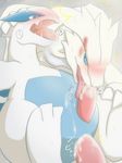  3_toes anal anal_penetration blue_body blue_eyes blush cum cum_in_ass cum_inside cum_on_penis cum_on_tongue duo feral feral_on_feral gay japanese_text legendary_pok&#233;mon looking_down lugia maggotscookie male nintendo open_mouth penetration penis pok&#233;mon pokemon reshiram sex sweat tapering_penis text tongue tongue_out translated video_games white_body 