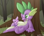  after_sex bushes cub cum dragon feral friendship_is_magic grass green_eyes hellticket male masturbation my_little_pony one_eye_closed open_mouth outside penis purple_scales solo spike spike_(mlp) tree wood young 