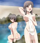  2girls artist_request ass back blush breasts brown_eyes brown_hair convenient_censoring corpse_party eyes_closed from_behind large_breasts long_hair multiple_girls nakashima_naomi naked_towel naomi_nakashima nipples nude onsen open_mouth rock seiko_shinohara shinohara_seiko shiny shiny_skin short_hair sideboob sitting smile towel water wet 